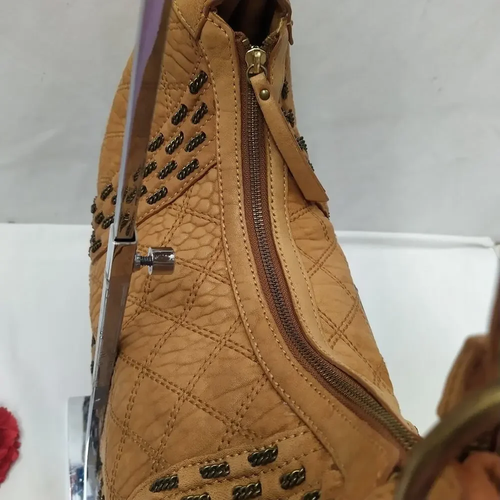 Isabella Fiore Tan Brown Learher Stitching Zipper Closure Hobo Shoulder Bag